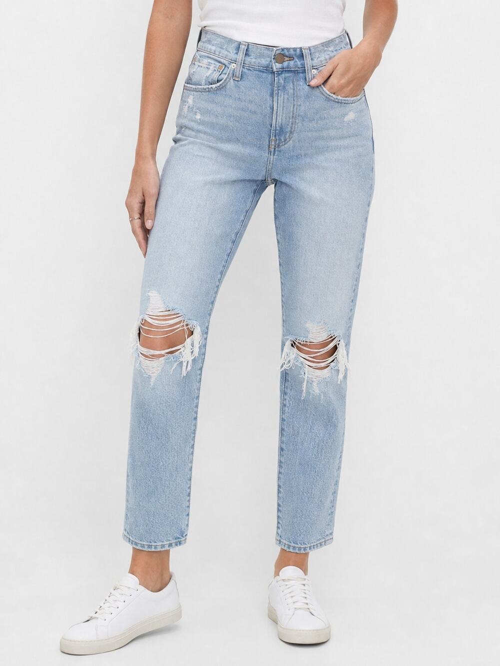 Express Straight Ankle High Rise Jeans Size 4 Light Wash Distressed Ripped Denim